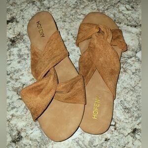 Hofeny Tan Slide Sandals Sueded Cloth NWT Size 10